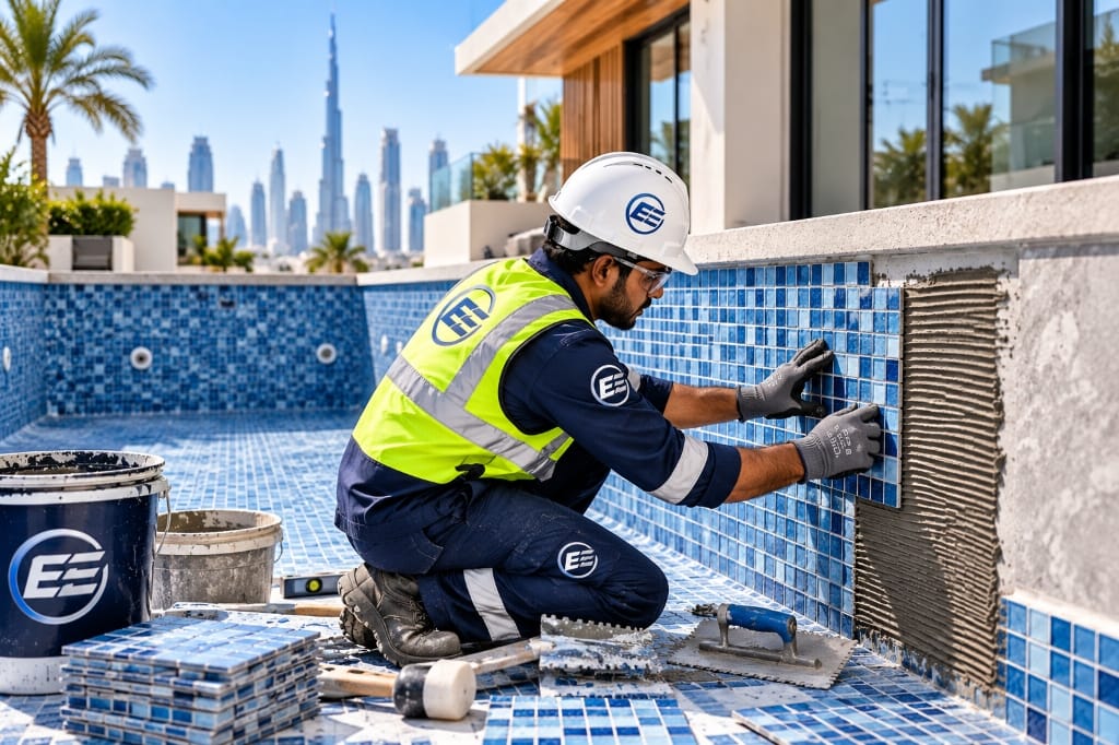 Luxury glass mosaic pool tiling in Dubai villa — Euro Edge Technical Services