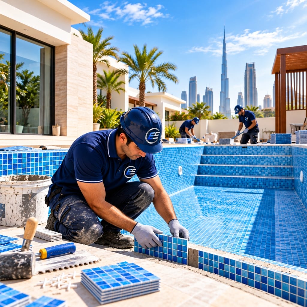 Luxury swimming pool construction and tiling in Dubai villa — Euro Edge Technical Services