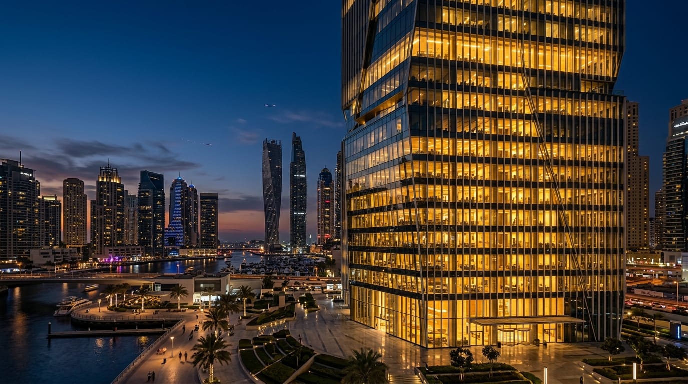 Modern illuminated commercial architectural facade at twilight