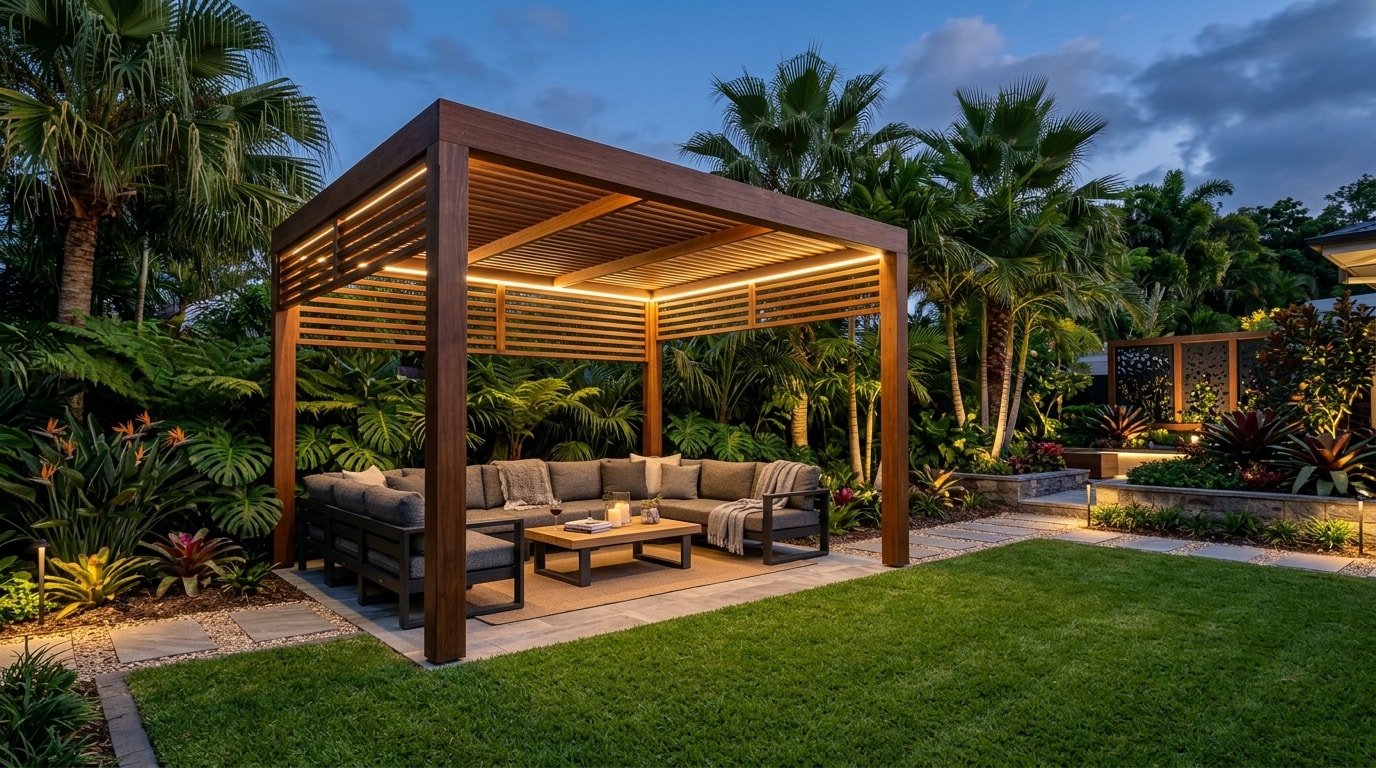 Luxury outdoor landscaping and pergola living space